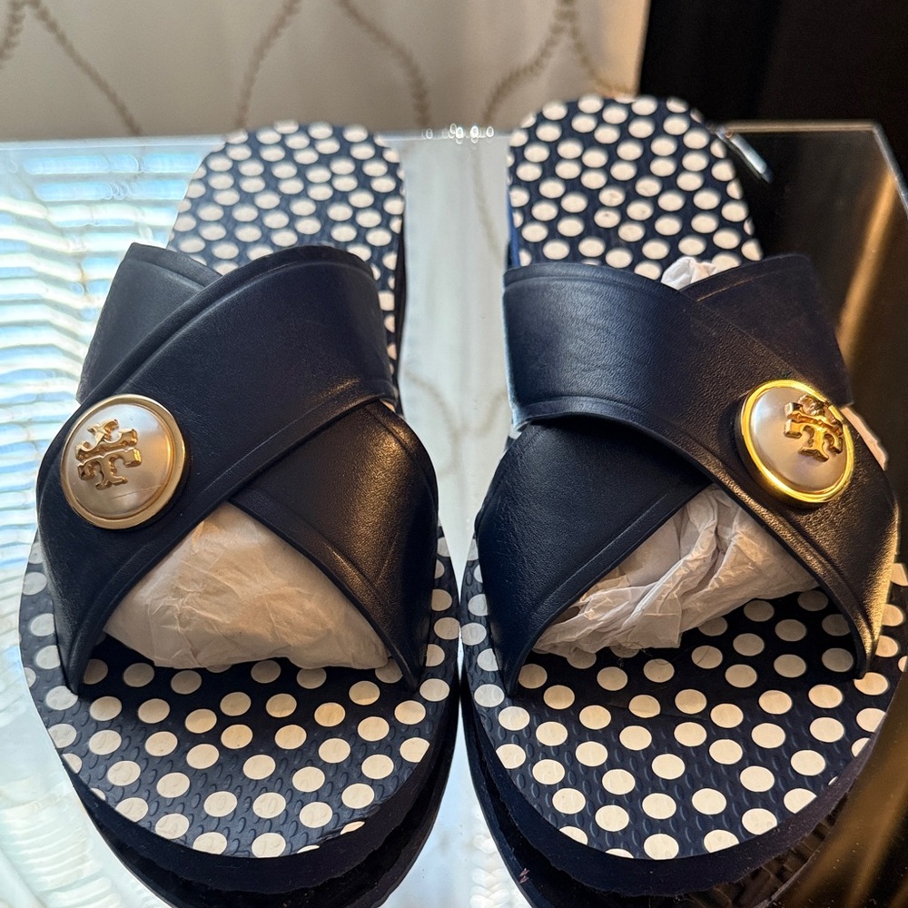 Tory Burch Navy Polka Dot Crossband Slides with Gold Medallion